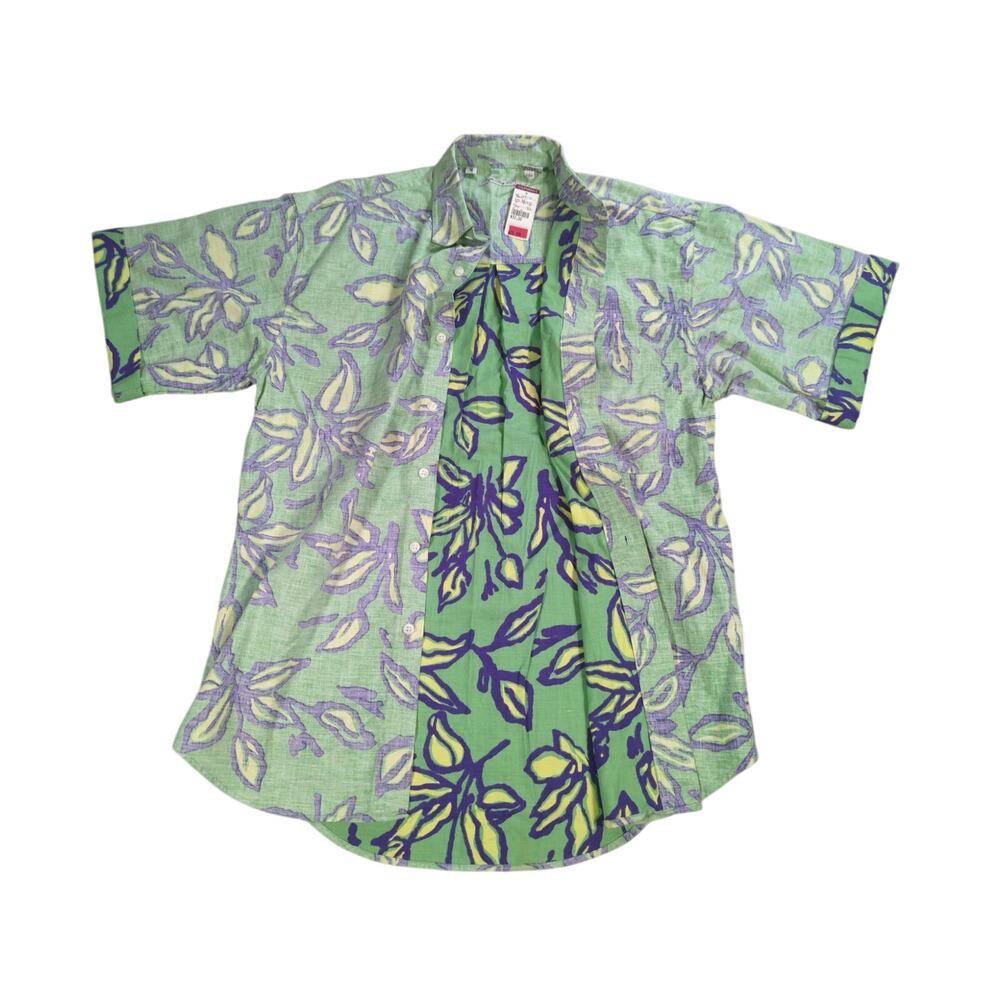 NWT Y2K Bugle Boy Shirt Mens M Green Purple Floral Hawaiian Cotton Retro 90s